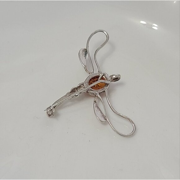 Vintage Sterling Silver Baltic Amber Gemstone Dragonfly Brooch Pendant - Picture 9 of 10
